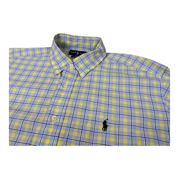 Polo Ralph Lauren Shirt Mens Large Yellow Blue Check Big Button Up Blue Pony - Picture 1 of 13